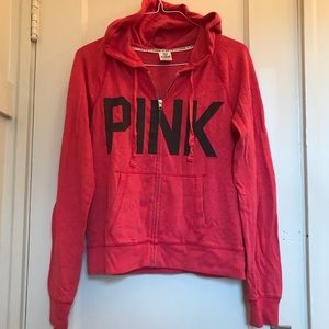 VS PINK Bright Red/Pink Zip Up Graphic Logo Hoodie, size Medium